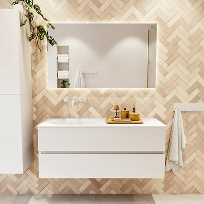 MONDIAZ VICA 120cm badmeubel onderkast Talc 2 lades. Wastafel MOON links zonder kraangat, kleur Talc.