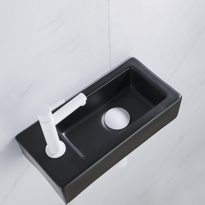 QeramiQ Fuente Fonteinset - 37.5x18.5x9cm - keramiek - kraangat links - fonteinkraan mat wit - afvoerplug - verlaagd sifon - Mat Zwart