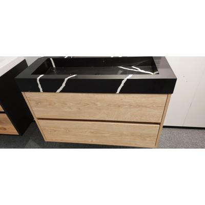 BRAUER Coral wastafel 100 met 2 kraangaten Nero Marquina Nexxt Wastafelonderkast 100x46x55cm 2 greeploze softclose lades 1 sifonuitsparing sahara SHOWROOMMODEL