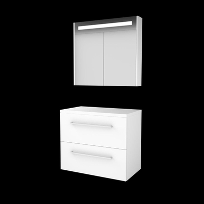 Basic-Line Comfort 46 badkamermeubelset - 80x46cm - met grepen - 2 lades - wastafelblad - Spiegelkast - MDF lak Ice White