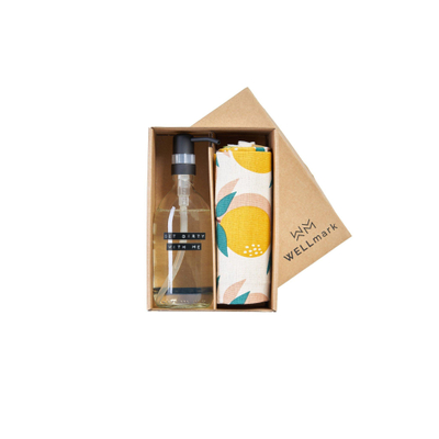 Wellmark Giftbox Afwasmiddel met 2 handdoeken Helder Glas Zwarte pomp