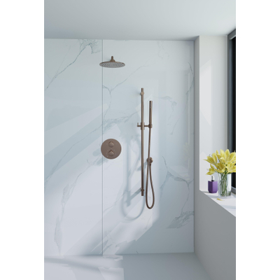 Fortifura Calvi Inbouw Regendoucheset - rond - thermostatisch - wandarm - glijstang - 25cm hoofddouche - staaf handdouche - Geborsteld koper PVD (Koper)