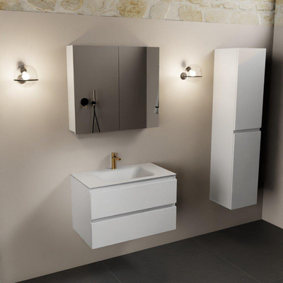 Mondiaz Aivy badmeubelset - 80x45x50cm - 1 kraangat - 1 wasbak talc Solid surface - Midden - 2 lades - Met spiegelkast - MDF Talc