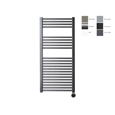 Sanicare electrische design radiator 111,8 x 45 cm. Gun metal met thermostaat chroom (rechtsonder)