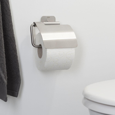 Tiger Colar Toiletrolhouder - met klep - zelfklevend - geborsteld RVS