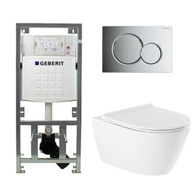 QeramiQ Salina Toiletset - rimless - diepspoel - softclose - quickrelease zitting - Geberit Sigma01 bedieningsplaat glans verchroomd - wit
