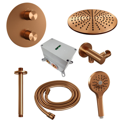 BRAUER Copper Edition thermostatische Inbouw Regendouche - 3-weg - rond - set 84 - 30cm hoofddouche - plafondarm - 3-standen handdouche - doucheslang - wandaansluitbocht - koper geborsteld PVD