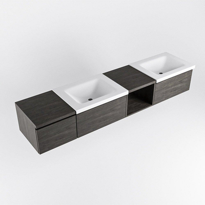 MONDIAZ BUKLA 200cm badmeubel met open module 40 rechts kleur Dark Brown met 3 lades. Wastafel CLOUD dubbel 2 kraangaten kleur Talc.