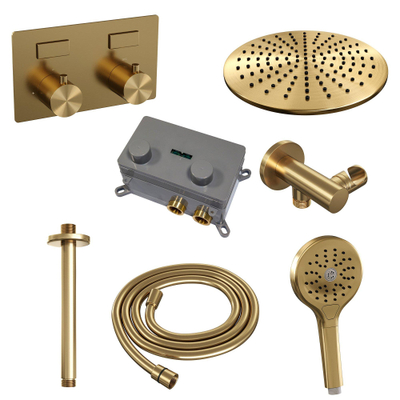 BRAUER Gold Edition Thermostatische Regendouche inbouw - drukknoppen - SET 60 - 30cm hoofddouche - plafondarm - 3 standen handdouche - doucheslang - wandaansluitbocht - goud geborsteld PVD