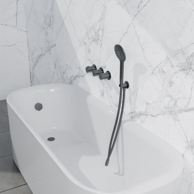 Fortifura Nebbio Badcombinatie-set - thermostaatkraan - inbouwdeel - inbouw uitbreiding - wandaansluitbocht - metalen doucheslang - ronde handdouche - badafvoer opbouw - geborsteld gunmetal PVD