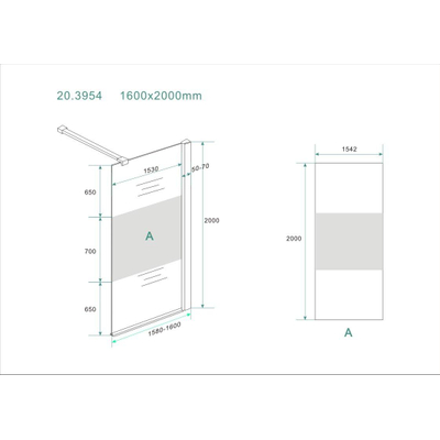 Wiesbaden Partly inloopdouche 160x200cm met 8mm NANO coating glas met satin band chroom