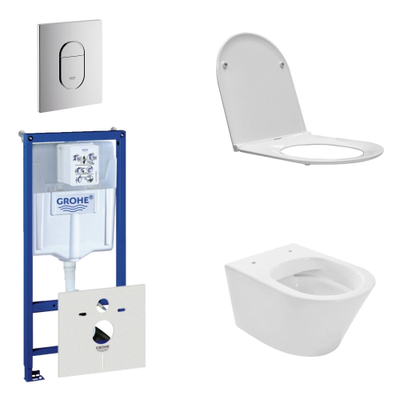 Wiesbaden Vesta Spoelrandloos toiletset bestaande uit inbouwreservoir, toiletpot met softclose en quickrelease toiletzitting en bedieningsplaat verticaal chroom