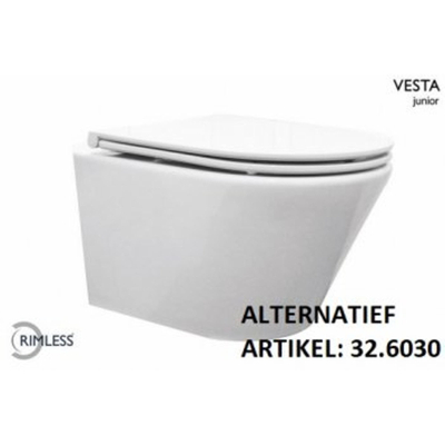 Wiesbaden Vesta junior wandcloset rimless verkort met Flatline toiletzitting softclose en quick release glans wit
