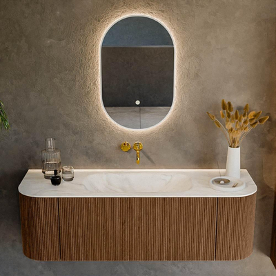 MONDIAZ KURVE-DLUX 140cm badmeubel met module 25 Len R kleur Walnut met 1 lade en 2 deuren. Wastafel BIG SMALL midden zonder kraangat kleur Ostra.