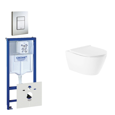 QeramiQ Salina Spoelrandloos toiletset bestaande uit inbouwreservoir, Spoelrandloos wandcloset met softclose toiletzitting en bedieningsplaat verticaal/horizontaal RVS