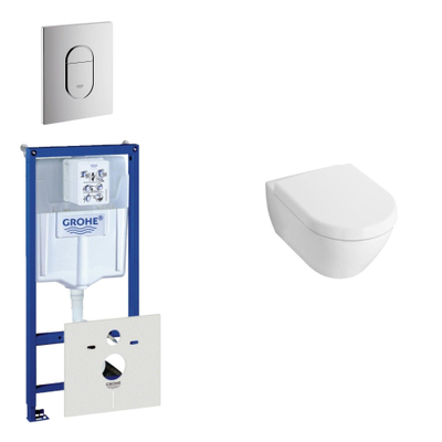 Villeroy en Boch Subway Compact toiletset bestaande uit inbouwreservoir, diepspoel wandcloset met toiletzitting en bedieningsplaat verticaal chroom