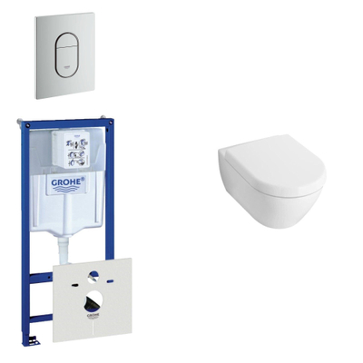 Villeroy en Boch Subway Compact toiletset bestaande uit inbouwreservoir, diepspoel wandcloset met toiletzitting en bedieningsplaat verticaal mat chroom