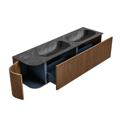 MONDIAZ KURVE-DLUX 165cm badmeubel met module 25 L kleur Walnut met 2 lades en 1 deur. Wastafel STOR SMALL dubbel / rechts 2 kraangaten kleur Lava.