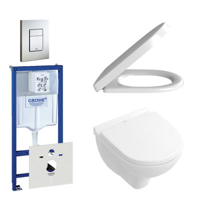 Villeroy en Boch O.Novo toiletset - compact - met inbouwreservoir - softclose en quickrelease zitting - bedieningsplaat verticaal/horizontaal RVS