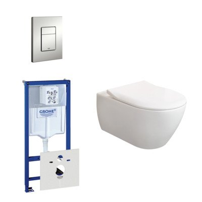 Villeroy & Boch Subway 2.0 ViFresh toiletset met slimseat softclose en quick release en bedieningsplaat horizontaal verticaal mat chroom