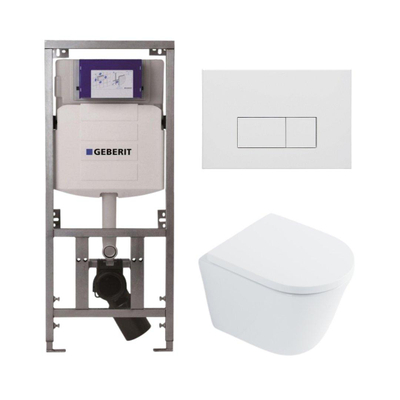 QeramiQ Dely Toiletset - 36.3x51.7cm - diepspoel - rimless - Geberit UP320 Burda inbouwreservoir - softclose toilet zitting 35 mm - mat witte bedieningsplaat - rechthoekige knoppen - wit glans
