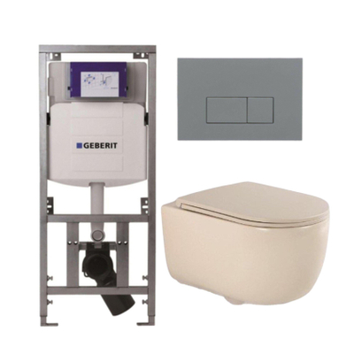 QeramiQ Dely Swirl Toiletset - 36.3x51.7cm - Geberit UP320 Burda inbouwreservoir - slimzitting - bedieningsplaat licht grijs - rechthoekige knoppen - beige