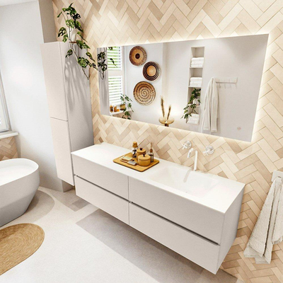 Mondiaz VICA 160cm badmeubel onderkast Linen 4 lades. Wastafel CLOUD rechts 1 kraangat, kleur Talc met spiegel LED