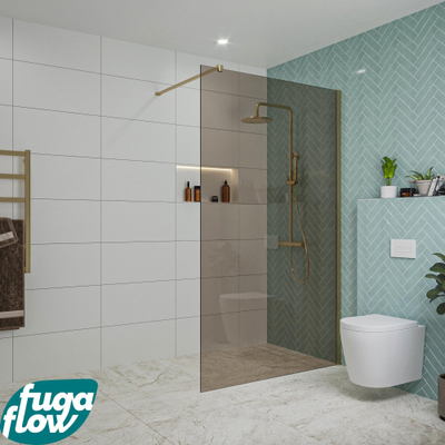 FugaFlow Eccelente Vetro inloopdouche badkamer - 120x200cm - rookglas - wandarm - geborsteld messing