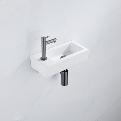 QeramiQ Fuente Fonteinset - 37.5x18.5x9cm - keramiek - kraangat links - fonteinkraan gunmetal - afvoerplug - verlaagd sifon - Glans wit