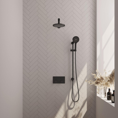 BRAUER Black Carving Thermostatische Regendouche inbouw - drukknoppen - SET 67 - 20cm hoofddouche - rechte muurarm - 3 standen handdouche - doucheslang - geïntegreerde glijstang - zwart mat