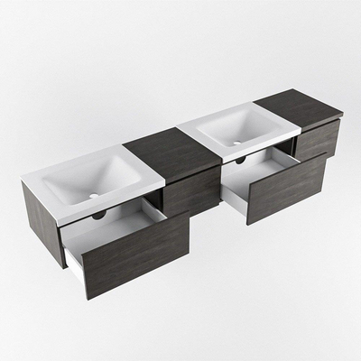 MONDIAZ BUKLA 200cm badmeubel met module 40 links kleur Dark Brown met 4 lades. Wastafel CLOUD dubbel 0 kraangaten kleur Talc.