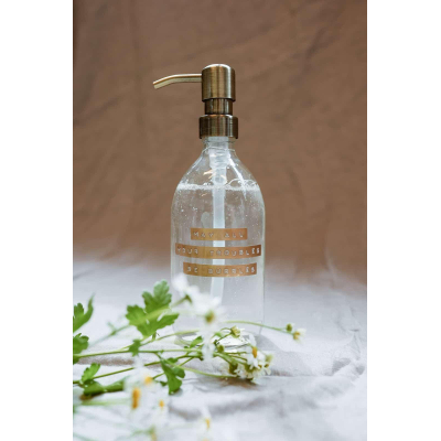 Wellmark Handzeep helder glas messing pomp 500ml tekst MAY ALL YOUR TROUBLES BE BUBBLES Brons label