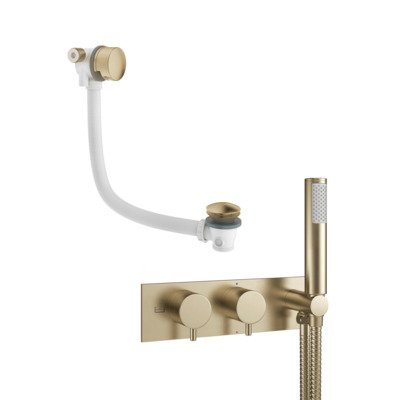 Crosswater MPRO inbouw thermostatisch badkraan horizontaal 2 functies met handdouche set inclusief vulcombinatie in geborsteld messing (goud)