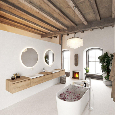 MONDIAZ BUKLA 300cm badmeubel met module 60 kleur Washed Oak met 5 lades. Wastafel CLOUD dubbel 0 kraangaten kleur Talc.