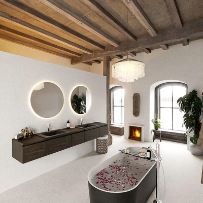 MONDIAZ BUKLA 240cm badmeubel met module 40 kleur Dark Brown met 5 lades. Wastafel CLOUD dubbel 2 kraangaten kleur Urban.