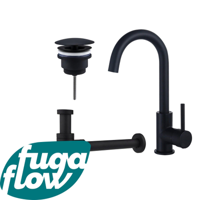 FugaFlow Eccelente Sobrado Badkamer Wastafelkraanset - hoge wastafelkraan - draaibare uitloop - always open plug - design sifon - Mat zwart