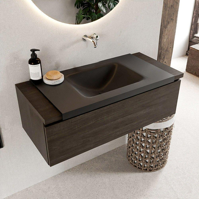 Mondiaz BUKLA badkamermeubelset 100x45x34cm 0 kraangaten wasbak midden solid surface Urban greeploos 1 lade met softclose Melamine Dark brown