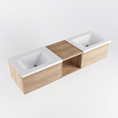 MONDIAZ BUKLA 160cm badmeubel met open module 40 kleur Washed Oak met 2 lades. Wastafel CLOUD dubbel 0 kraangaten kleur Talc.