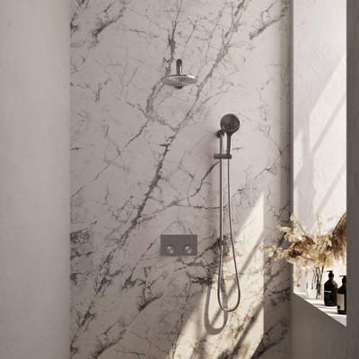 BRAUER Brushed Carving Thermostatische Regendouche inbouw - drukknoppen - SET 67 - 20cm hoofddouche - rechte muurarm - 3 standen handdouche - doucheslang - geïntegreerde glijstang - RVS geborsteld PVD