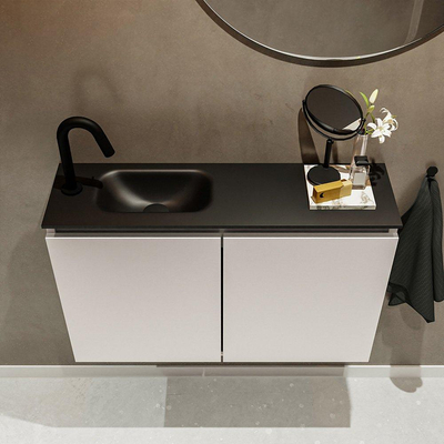 MONDIAZ TURE Fonteinset - 80x23x50cm - 1 kraangat - 2 deuren - linen mat - Wasbak links - Solid Surface Zwart