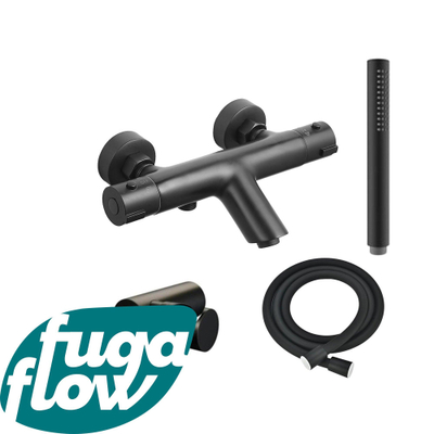 FugaFlow Efficiente Sobrado thermostatische bad-/douchekraan met handdouchehouder, doucheslang en staaf handdouche mat zwart -