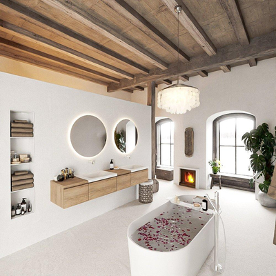 MONDIAZ BUKLA 200cm badmeubel met module 40 rechts kleur Washed Oak met 4 lades. Wastafel CLOUD dubbel 0 kraangaten kleur Talc.