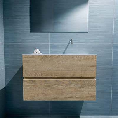 MONDIAZ ADA Toiletmeubel - 80x30x50cm - 0 kraangaten - 2 lades - washed oak mat - wasbak rechts - Solid surface - Wit