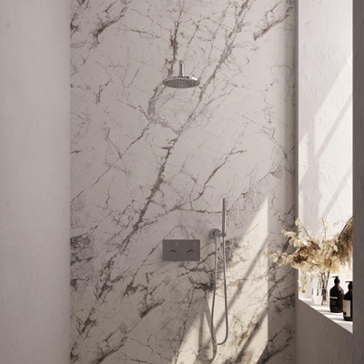 BRAUER Chrome Carving Thermostatische Regendouche inbouw - drukknoppen - SET 51 - 20cm hoofddouche - gebogen muurarm - staaf handdouche - doucheslang - wandaansluitbocht - chroom