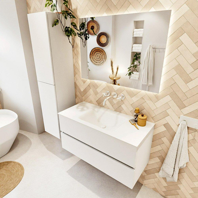 MONDIAZ VICA 100cm badmeubel onderkast Talc 2 lades. Wastafel CLOUD midden zonder kraangat, kleur Talc.