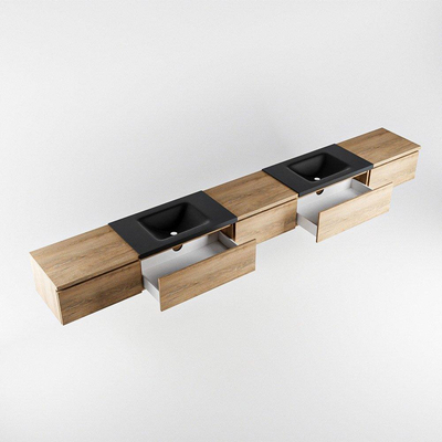 MONDIAZ BUKLA 340cm badmeubel met module 60 kleur Washed Oak met 5 lades. Wastafel CLOUD dubbel 0 kraangaten kleur Urban.