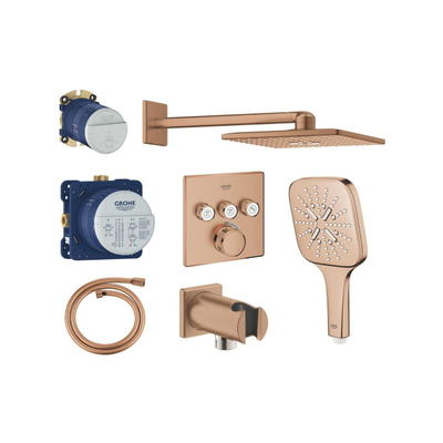 Grohe Grohtherm regendoucheset inbouw - hoofddouche vierkant - handdouche vierkant - warm sunset geborsteld