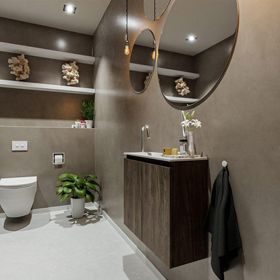 MONDIAZ TURE Fonteinset - 60x23x50cm - 1 kraangat - 2 deuren - dark brown mat - Wasbak links - Solid Surface Wit