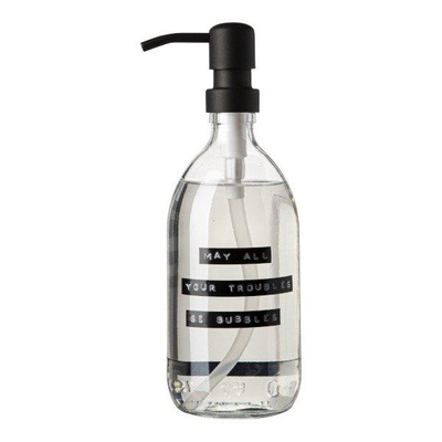 Wellmark Handzeep helder glas zwarte pomp 500ml tekst MAY ALL YOUR TROUBLES BE BUBBLES