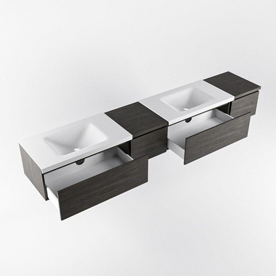 MONDIAZ BUKLA 240cm badmeubel met module 40 links kleur Dark Brown met 4 lades. Wastafel CLOUD dubbel 2 kraangaten kleur Talc.